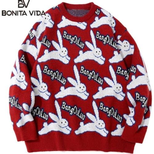 Bonita Vida Sweaters Harajuku Cartoon Rabbit Knitted Pullover Jumpers Streetwear Hip Hop Casual Sweater Loose Pullover Tops