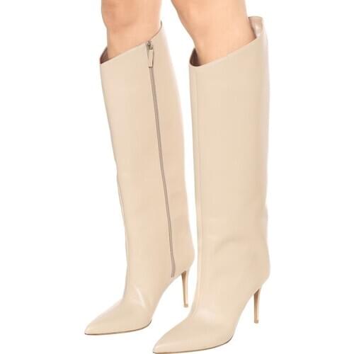Knee High Zipper Boots Sexy Pointed Toe Stiletto High Heel Dress Beige Black Color Dress Boots Custom Made Leather Dress Shoes