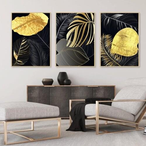 Modern Luxury Wall Art Canvas Prints Home Decor Abstract Honorable Black Gold Leaf Plant 3 Pieces Nordic Posters For Living Room