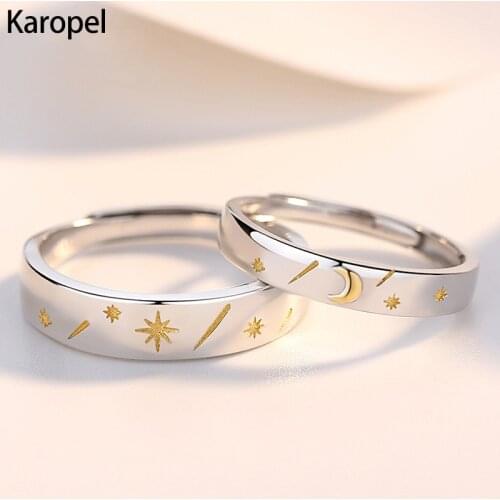 Karopel 925 Sterling Silver Sun Moon and Stars Couple Rings for Men and Women Open Pair Rings Best Gift jewelry Accessories
