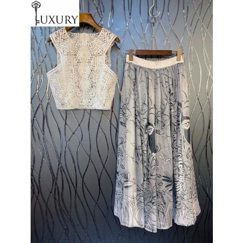 Spring Crop Sets 2020 Summer Fashion Skirt Suits Women Sexy Hollow Out Lace Tops+Abstract Print Mid-Calf Long Maxi Skirts