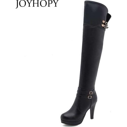 Winter High Heels Over The Knee Boots Women PU Leather Buckle Long Tube Thin Leg Shoes Woman Knee High Snow Boots WB1502