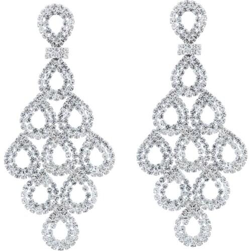 Chran Classic Hollow Teardrop Rhinestone Wedding Earrings for Women Fashion Silver Plated Chandelier Dangle Earrings Jewelry