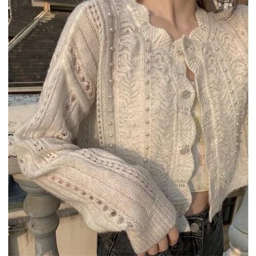 Vintage Beading Womens Cardigan Autumn Knitted Sweater Crop Top Female Elegant V-Neck Buttons Long Sleeve Casual Knitwear Coats