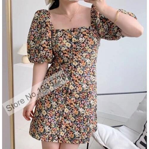 Ladieds Square Collar Floral Printed Short Puff Sleeve Short Mini Dress
