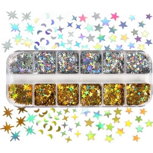 Gold Silver Sequins Laser Star Moon Nail Charms Holographic Glitter Flakes For Manicure Gel Polish Nail Art Decorations RK140147