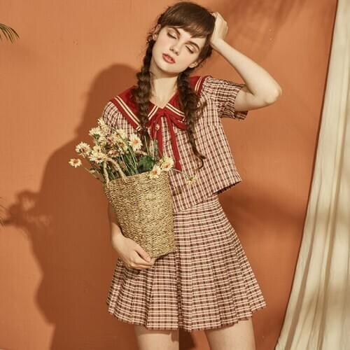 2018 retro doll collar Lolita skirt small fresh plaid skirt two-piece suit