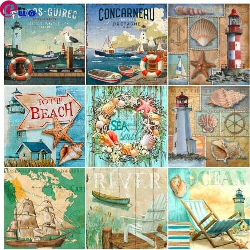 5D DIY Diamond Embroidery Seaside Cross Stitch Kit Diamond Painting Landscape Shell Starfish Ship Beach Full Square Home Decor