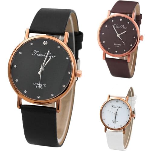 Fashion Womens Diamond Simple Watch Case Leather Band Round Dial Quartz Wrist Watch Small Diamond Relogio Feminino