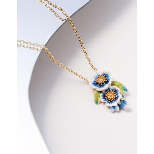 Elegant Cool Blue Flower Necklace For Women Fashion Lady Jewelry Accessories Enamel Copper Pendant Neck