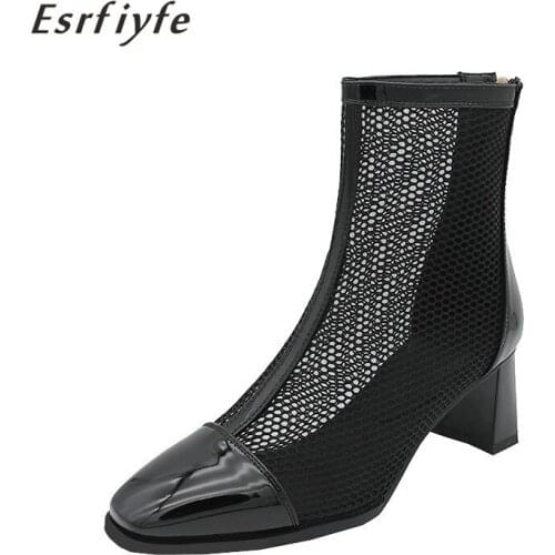 ESRFIYFE 2021 New Sexy Mesh Boots Women Square Toe High Heel Womans Shoes Summer Ladies Party Cool Boots Female Big Size 32-46