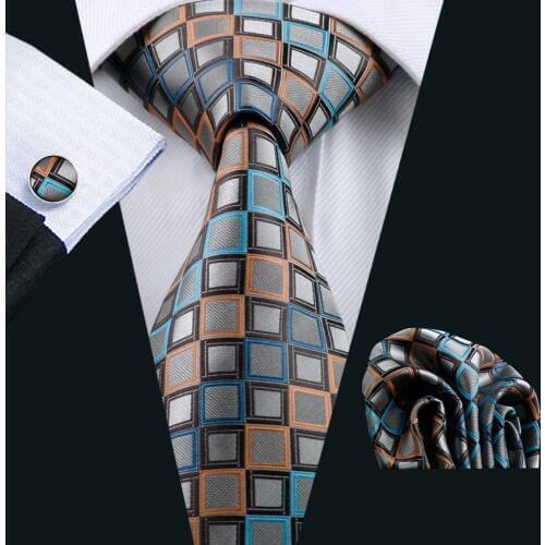 LS-1101 Barry.Wang Men`s Tie Brown Novelty 100% Silk Tie Gravata Hanky Cufflink Set For Men Formal Wedding Party Groom Business