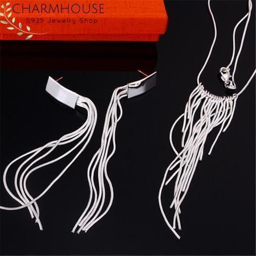 Charmhouse Silver 925 Jewelry Sets For Women Long Tassel Pendant Necklace +Earrings 2 pcs Costume Jewelry Set Accessories Bijoux