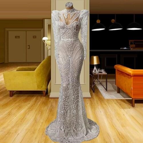 Beaded Lace Summer Wedding Gowns High Neck Fishtail Wedding Dress Long Sleeve sukienka elegancka vestido boda mujer invitada
