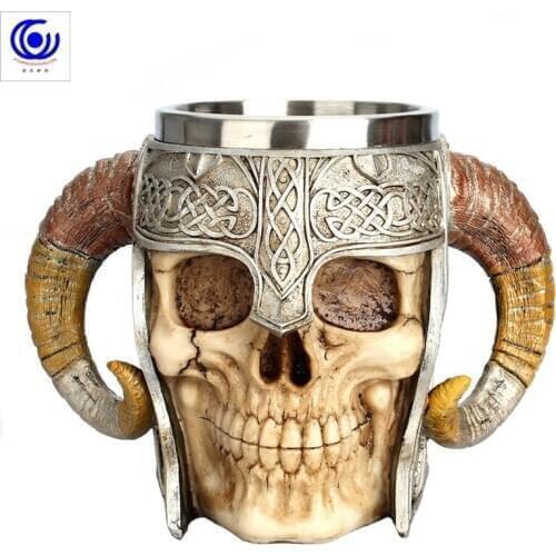 Stainless Steel Skull Mug Horn Warrior Beer Stein Coffee Tea Cup Halloween Bar Drinkware Gift