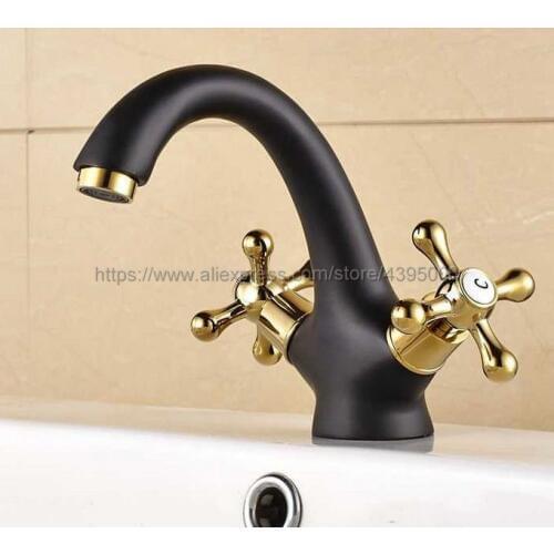 Oil Rubbed Bronze & Gold Brass Double Handle Bathroom Vanity Sink Faucet Basin Faucet Deck Mount Mixer Tap Bnf806