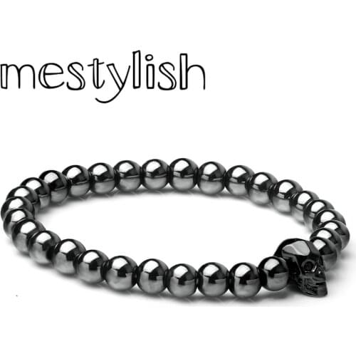 Mestylish Fashion Micro Pave Zircon Skull Head Charms Bracelet 6mm Nature Stone Hematite Beads Men Bracelet Jewelry Pulseira