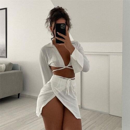 CHRONSTYLE Fashion Outfits Bandage Front Tie Up V-neck Crop Top Women Suits 2 Pieces Skirt Sets 2021 Split Skirts Party Clubwear