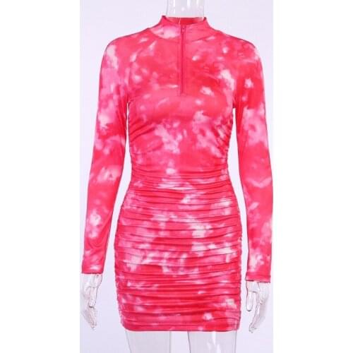 NEWDISCVRY 2020 Autumn Neon Color Dress For Women Sexy Skinny Zipper Front Long Sleeve Dress Fall Party Mini Fashion Female