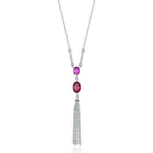 925 Sterling Silver 10*14mm Oval Ruby High Carbon Diamond Tassel Pendant Necklace For Women Sparkling Wedding Fine Jewelry Gifts