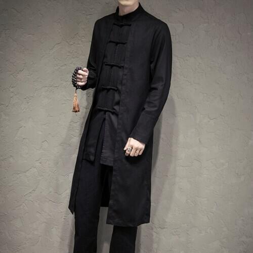 JDDTON Mens Linen Coats Kimono Vintage Long Gown Buckle Jackets Chinese Style Loose Windbreaker Male National Streetwear JE503
