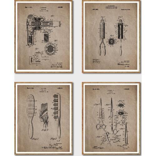 Hair Patent Posters and Prints Hair Salon Wall Art Decor Vintage Hairdresser Blueprint Poster Canvas Painting Wall Pictures Gift