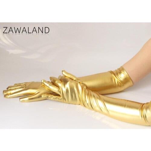 Zawaland Fashion Gold Silver Bright Leather Long Glove Stage Performance Sexy Coating Women Gloves Clothing Accessories