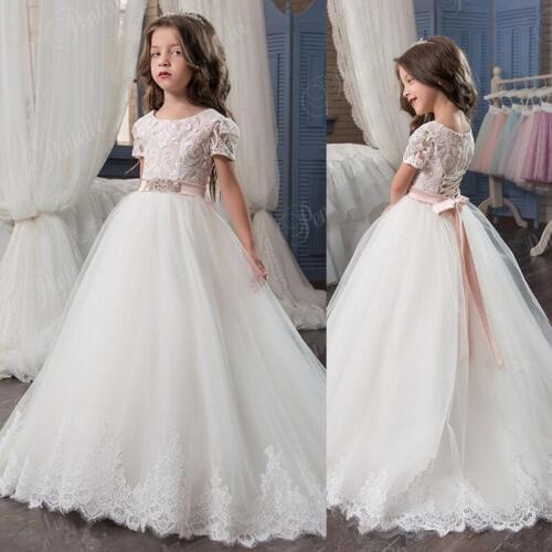 Flower Girl Dresses Formal Girls Dresses for Wedding Cheap 2020 Short Sleeves and Lace Up Back Appliques Tulle Ball Gown