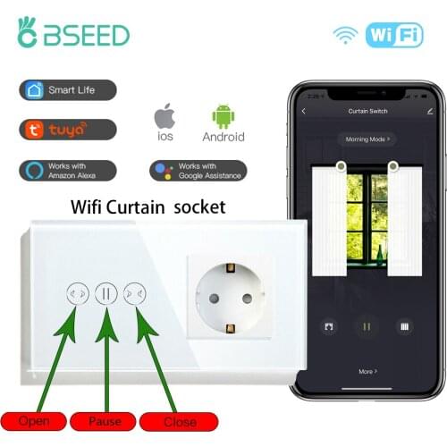 BSEED WIFI Touch Curtain Switch Wall Sensor Switch With EU Standard Socket Without Wifi Crystal Glass Smart Control Tuya App