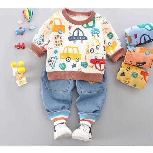 Spring Autumn Baby Boys Girls suit Fashion Clothes Kid Cotton cartoon card Sport T-shirt jeans Pants 2 Pcs/Set Toddler Tracksuit