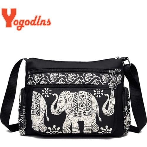 Yogodlns High Quatily Nylon Canvas Shoulder Bag For Women Clutch Handbag Small Traditional Elephant print Messenger Bag Ladies
