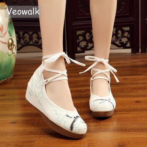 Veowalk Crane Embroidered Women Canvas Hidden Wedge Platforms Shoes Elegant Ankle Strap Comfortable Ladies Casual Wedged Shoes