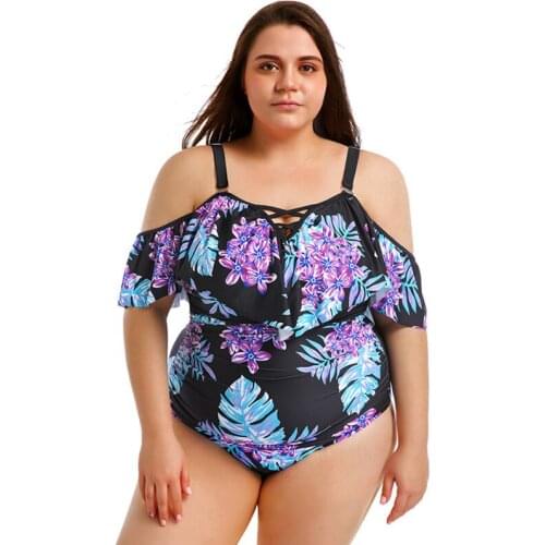 2020 New Swimsuit Lady Plus Fat Woman Lotus Leaf Word Shoulder Covering Arm Printing Slim Bikini Flower Bohemian Style