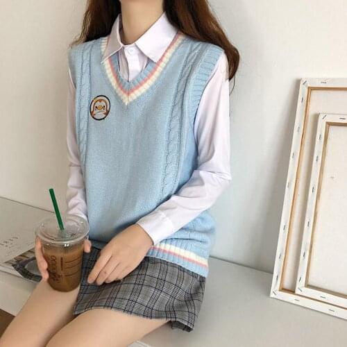 Womens Knitted Vest College Style V-neck Sweater Vest Female Autumn Winter Korean Loose Student Uniform Sweater Vest Waistcoat