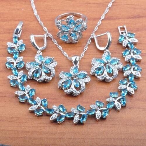 For Women Silver Color Jewelry Set Best Wedding Gift Sky Blue Zirconia Earrings And Necklace Set Pendant Rings Bracelet JS0531