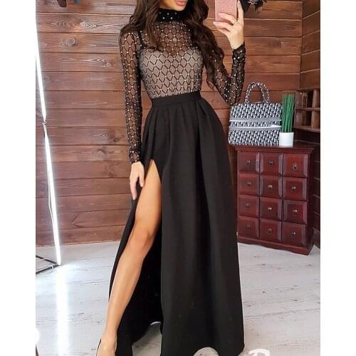 Women Plaid Black Summer Dress High Neck Diamond Long Sleeve Sexy High Split Slim Dress High Waist Dresses Bodycon Dresses