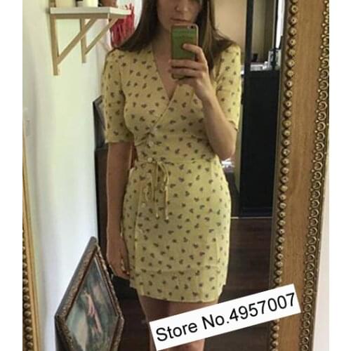 Elfbop Ladies Wrap V Neck Short Sleeve Floral Printing Short Mini Dress With Waist Ties