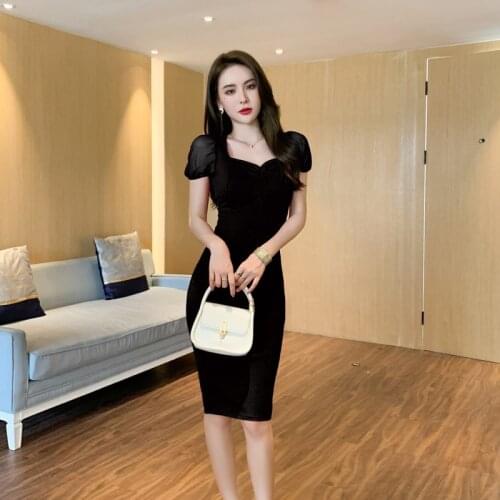 Women Bodycon Dresses 2021 Elegant Office Solid Color Square Collar Slim Bandage Dress Mesh Patchwork Wrap Bandage Dress Vestido