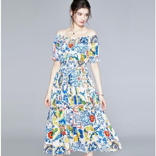 Short Sleeve Elastic Waist Off Shoulder Blue And White Porcelain Print Flower Midi Dress Womens Bohemian Summer Runway Dress