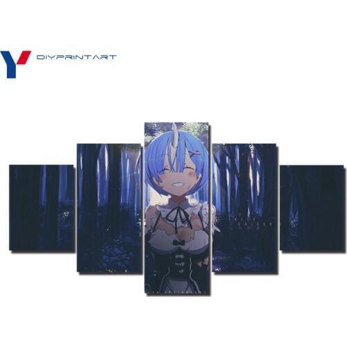 Anime Girl Rem 5 Panel Canvas Art Paintings Re Zero Poster for Living Room Home Decoration A0686