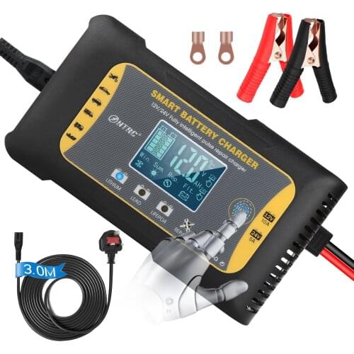 HTRC 12V/24V 10A Car Charger 7-Stage Smart Battery Charger Pulse Repair Maintainer For Lithium Lead-Acid LIFEFO4 AGM Battery