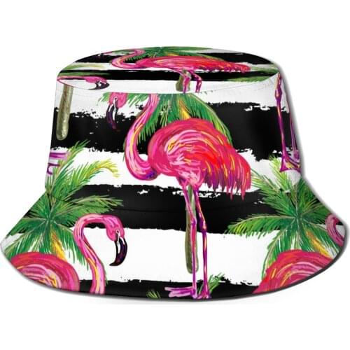 CINESSD New Fashion Bucket Hats Fisherman Caps For Women Men Gorras Summer Exotic Pink Flamingo Birds And Palm Trees