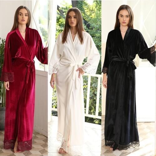 Long Velvet Robe for women Bridal Robe Bridesmaid Robes Lace Trim Wedding Robe Sleepwear Bathrobe Dressing Long Gowns