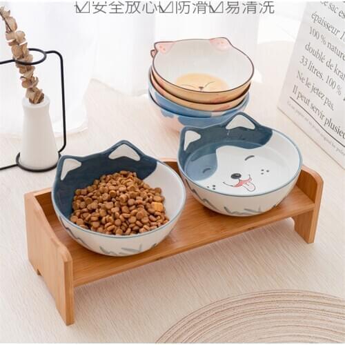 Pets Double Bowl Cartoon Dog Cat Food Water Feeder Stand Raised Ceramic Dish Bowl Wooden Table Pet Supplies
