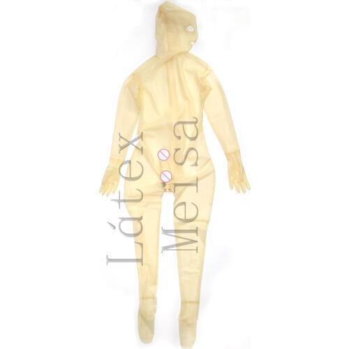 Made of 0.3mm natural transparent mens bdsm latex bondage catsuit includes condom & hood and attached back zipper to crotch