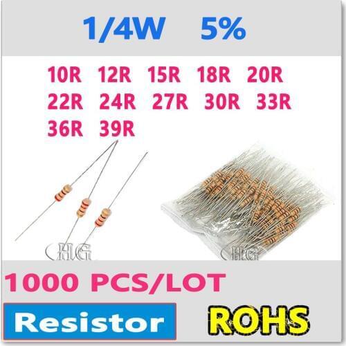 JASNPROSMA 1000PCS/LOT 5% 1/4W 10R 12R 15R 18R 20R 22R 24R 27R 30R 33R 36R 39R carbon film DIP OHM New Color ring Resistor