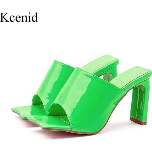 Kcenid Sexy Patent Leather Summer Slippers Women Square Toe High Heels Mules Strange Style Slip On Slides Party Women Shoes 42