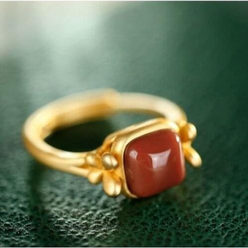 Natural South Red Oval Ring S925 Womens Sterling Silver Open Agate Stone Ring Exquisite Fashionable Golden Ring