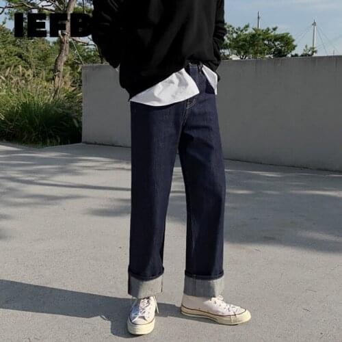 IEFB Mens Vintage Dark Blue Jeans 2021 Autumn New Loose Straight Denim Trousers Korean Fashion Long Pants Male Casual Clothing