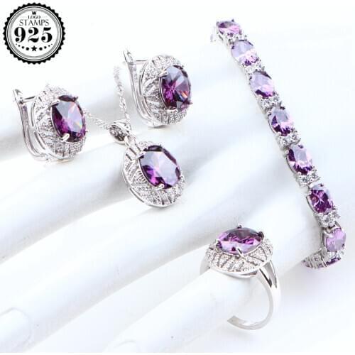 Wedding Silver 925 Jewelry Sets Purple Cubic Zirconia Earrings For Women Bridal Cosutme Jewlery Necklace Rings Set Gifts Box